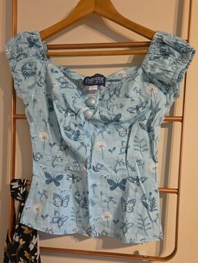 Collectif Blue Butterfly Puff-Sleeve Top